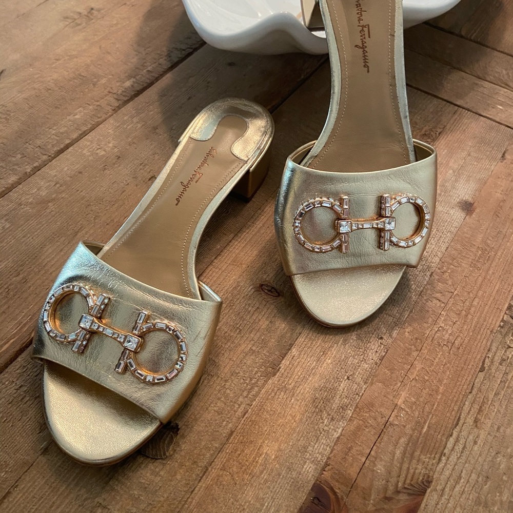 COPY - Gold Salvatore Ferragamo Slides w/ Crystal…